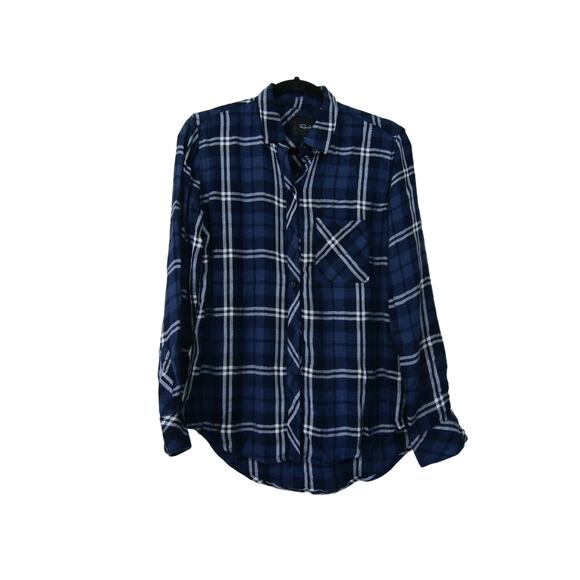 Rails Blue Plaid Rayon High Low Button Top Womens size XS Collar Boho Outdoor - Picture 1 of 12